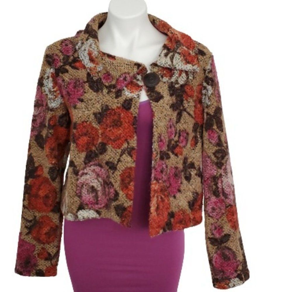 Vintage 70s Elliott Lauren Floral Side Button Sweater Jacket L USA Boho